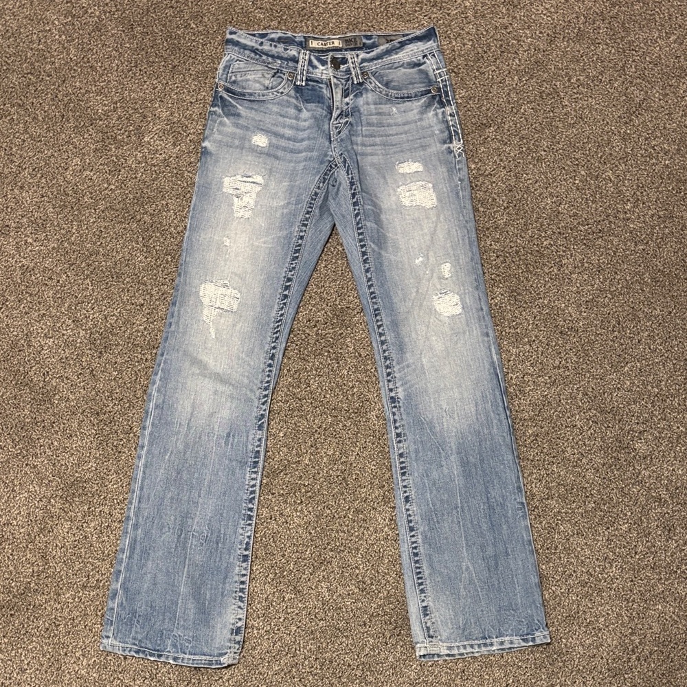 BKE Men’s Size 28L Carter 100% Cotton Denim Bootcut Distressed Blue Jeans